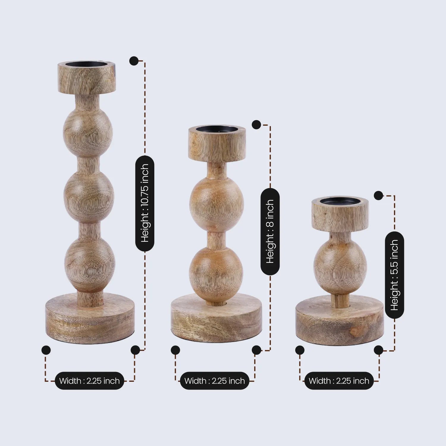 wooden pillar candle holders set of 3 brown ball stand style