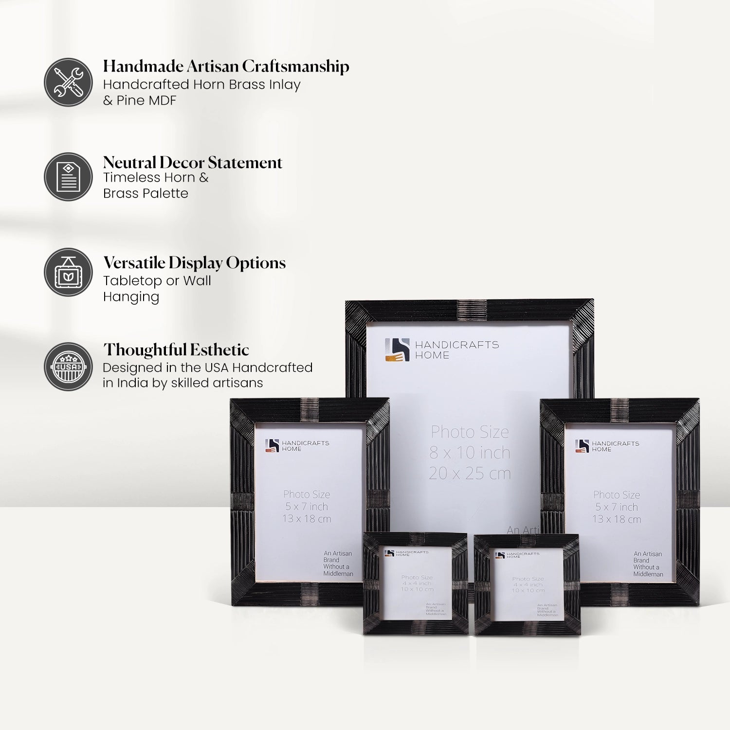 Black Horn Inlay Picture Frame Set – Textured Finish Decor ( 5 Pieces)