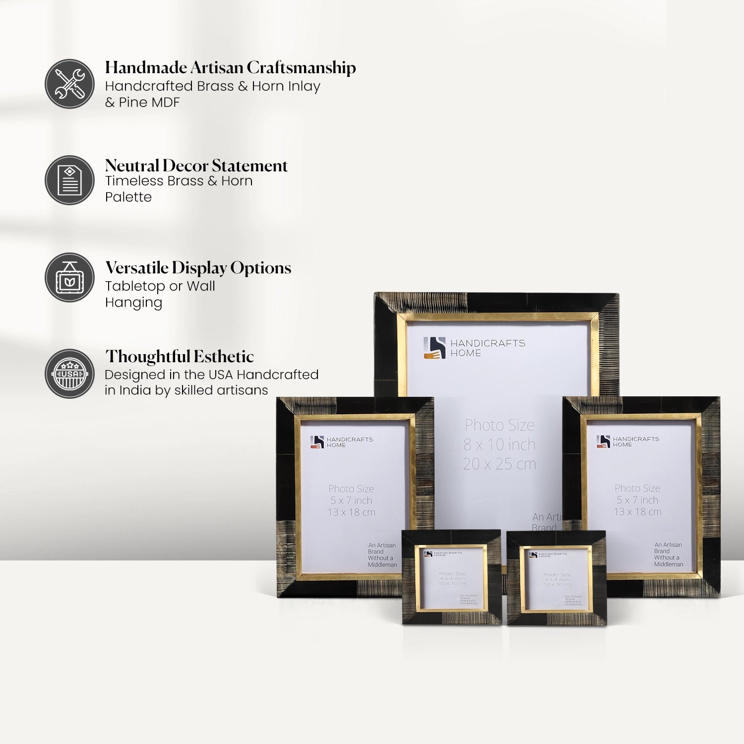Horn Inlay Picture Frame Set with Brass Border Decor ( 5 Pieces)