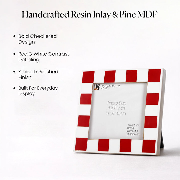 Handmade Checkered Picture Frame - Red & White Resin Inlay - 4x4 4x6 5x7 8x10, for tabletop or wall display