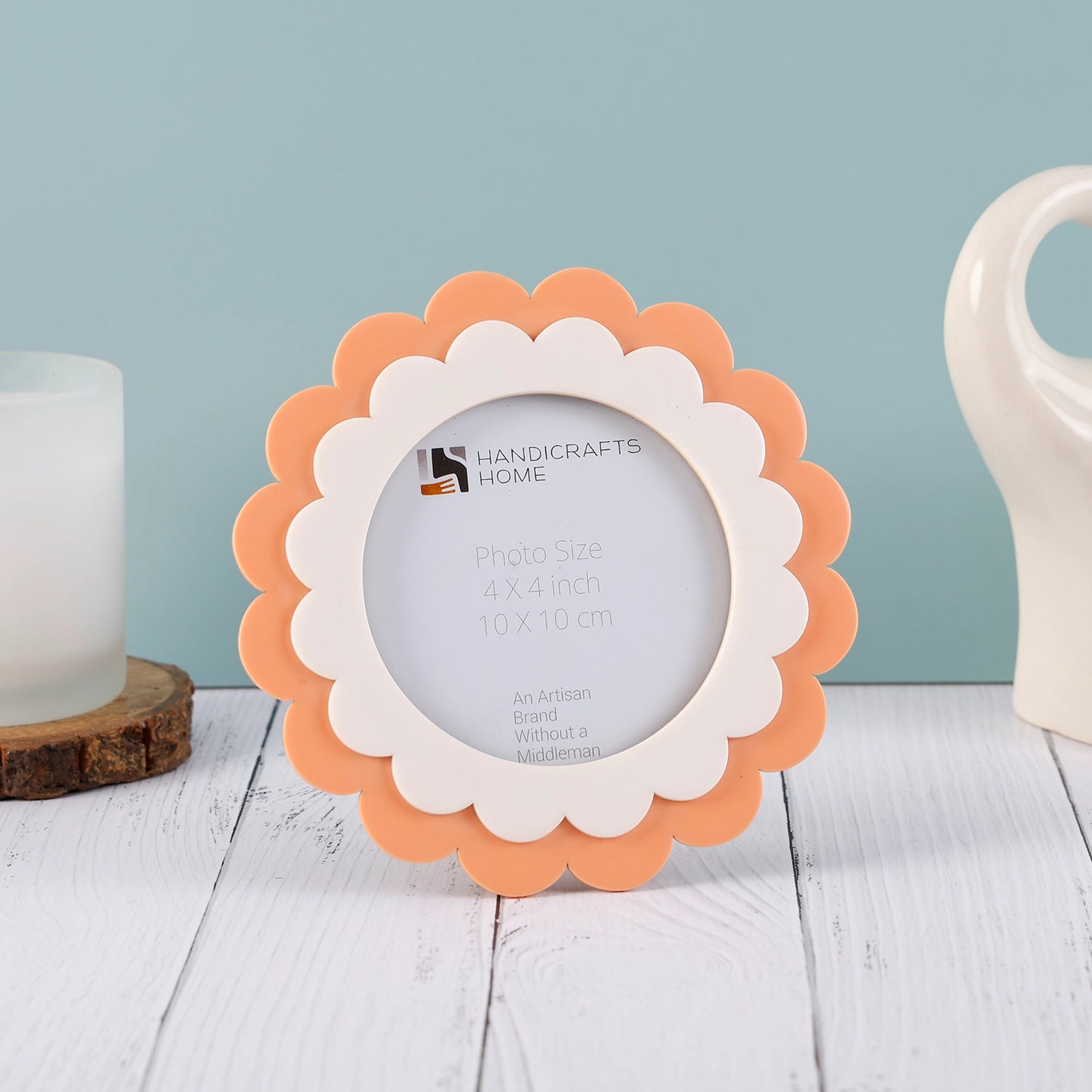 Baby Round Scalloped Resin Inlay Picture Frame, Orange, 4" x 4"
