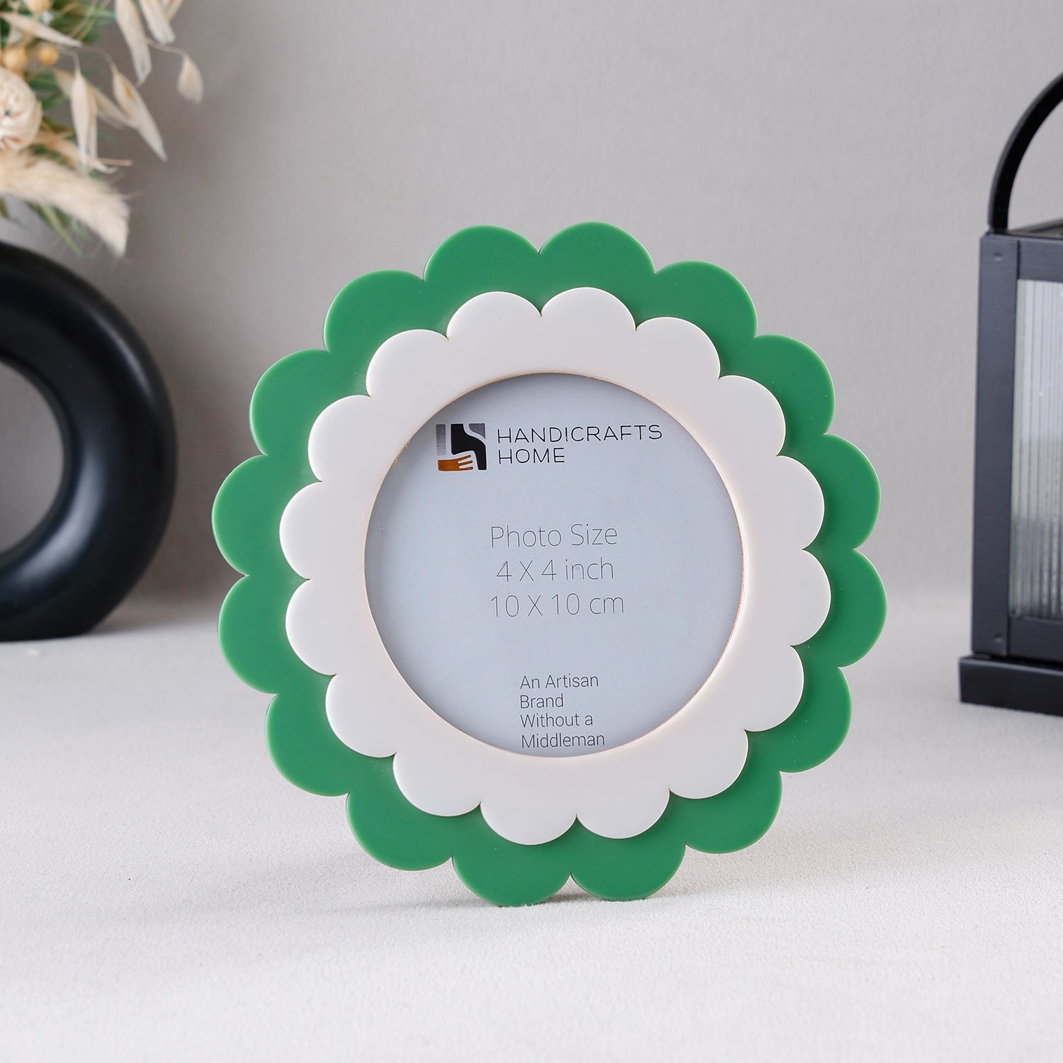 Baby Round Scalloped Resin Inlay Picture Frame, White - Green, 4" x 4"
