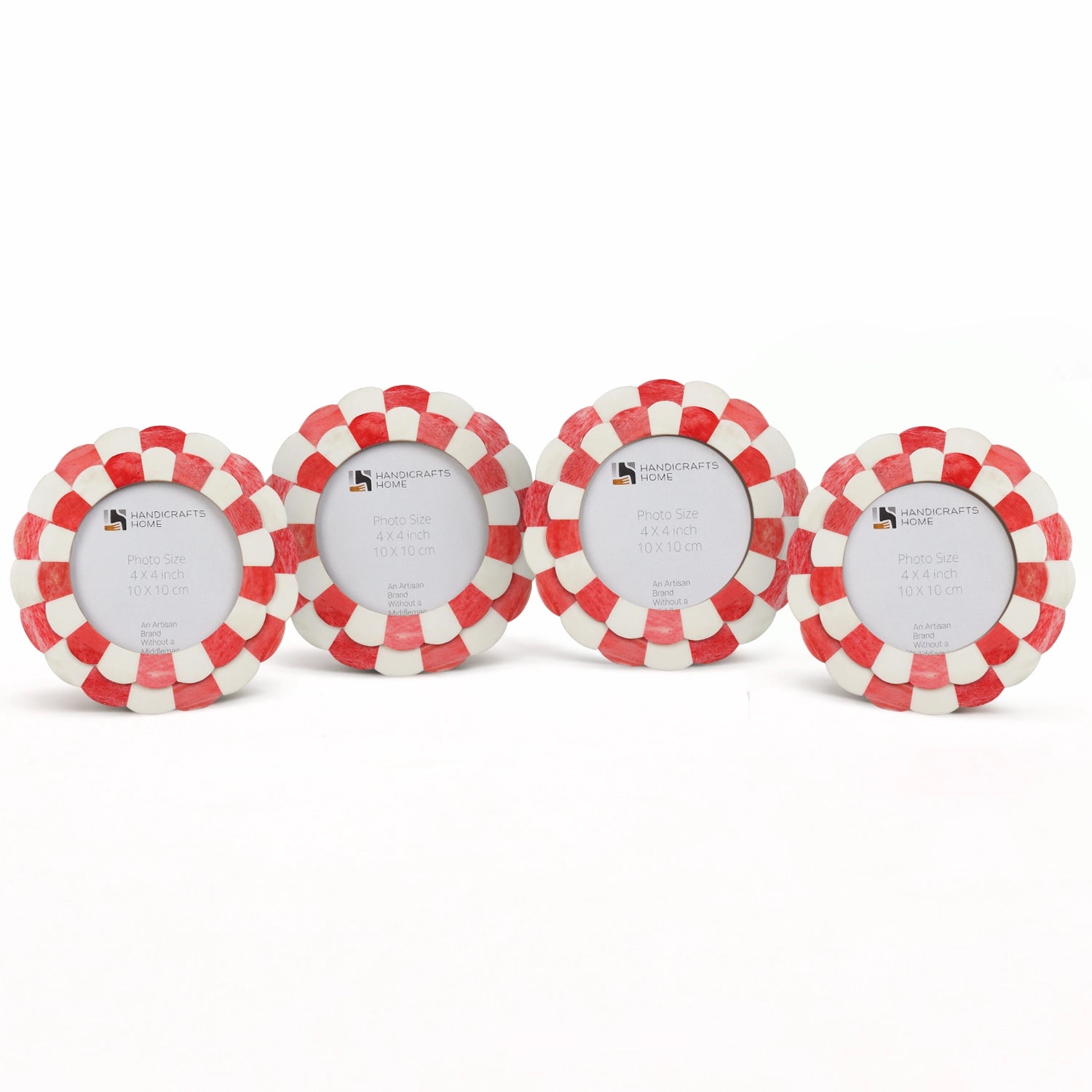 Round Baby Picture Frames Scalloped Pattern Bone Inlay 4"x4", Red