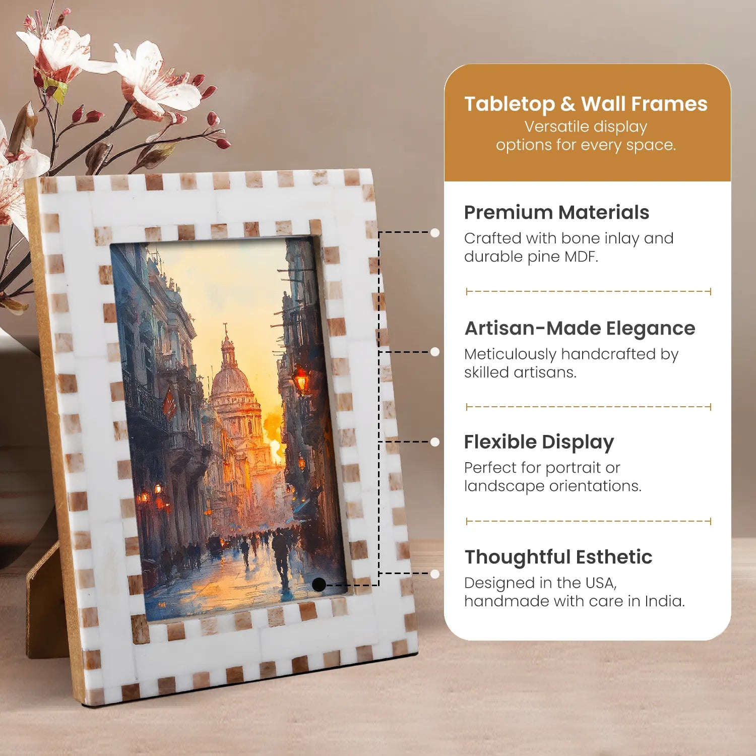 Picture Frame Checkered Pattern Collection Bone Inlay Brown – 4x6 & 5x7"