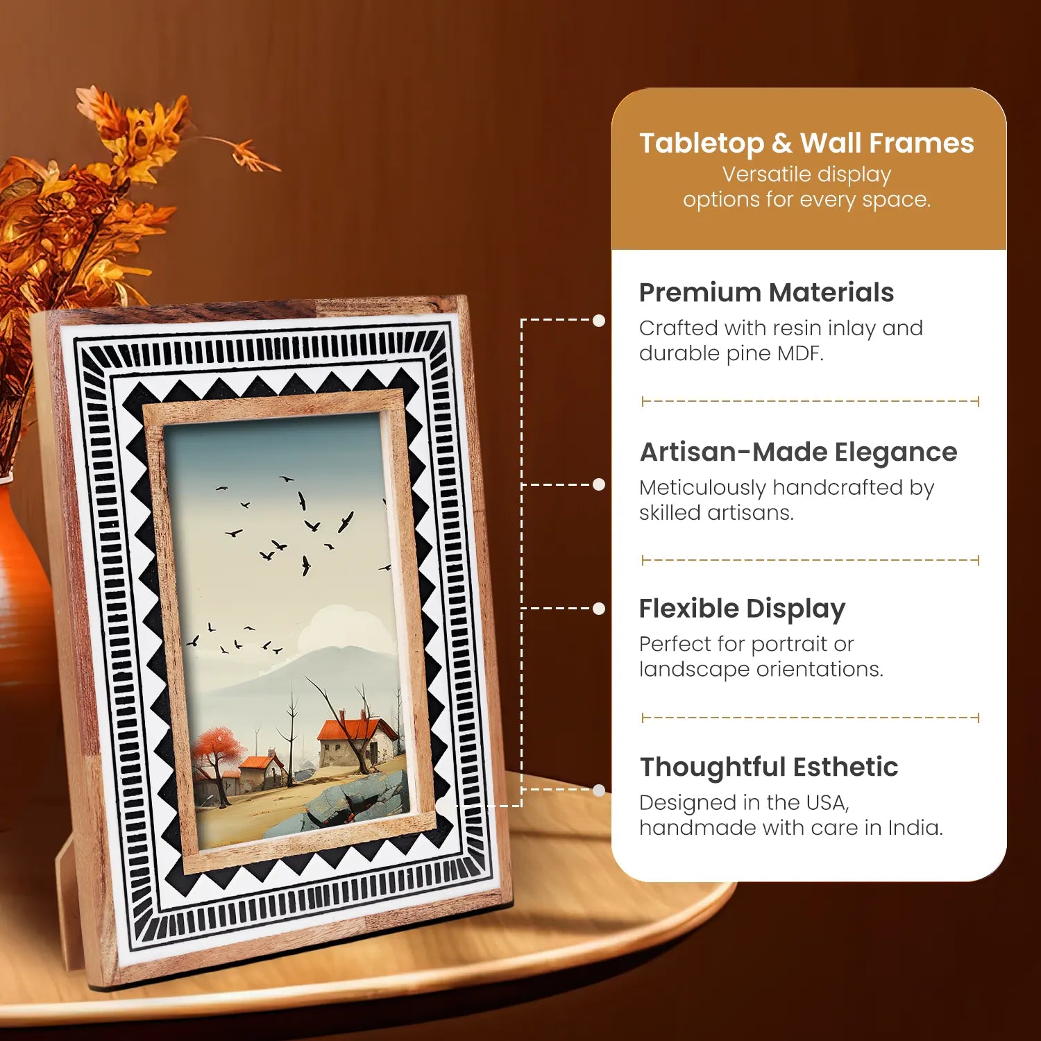 Picture Frame Geometric Collection Wood & Resin Inlay Black & White – 4x6 & 5x7"