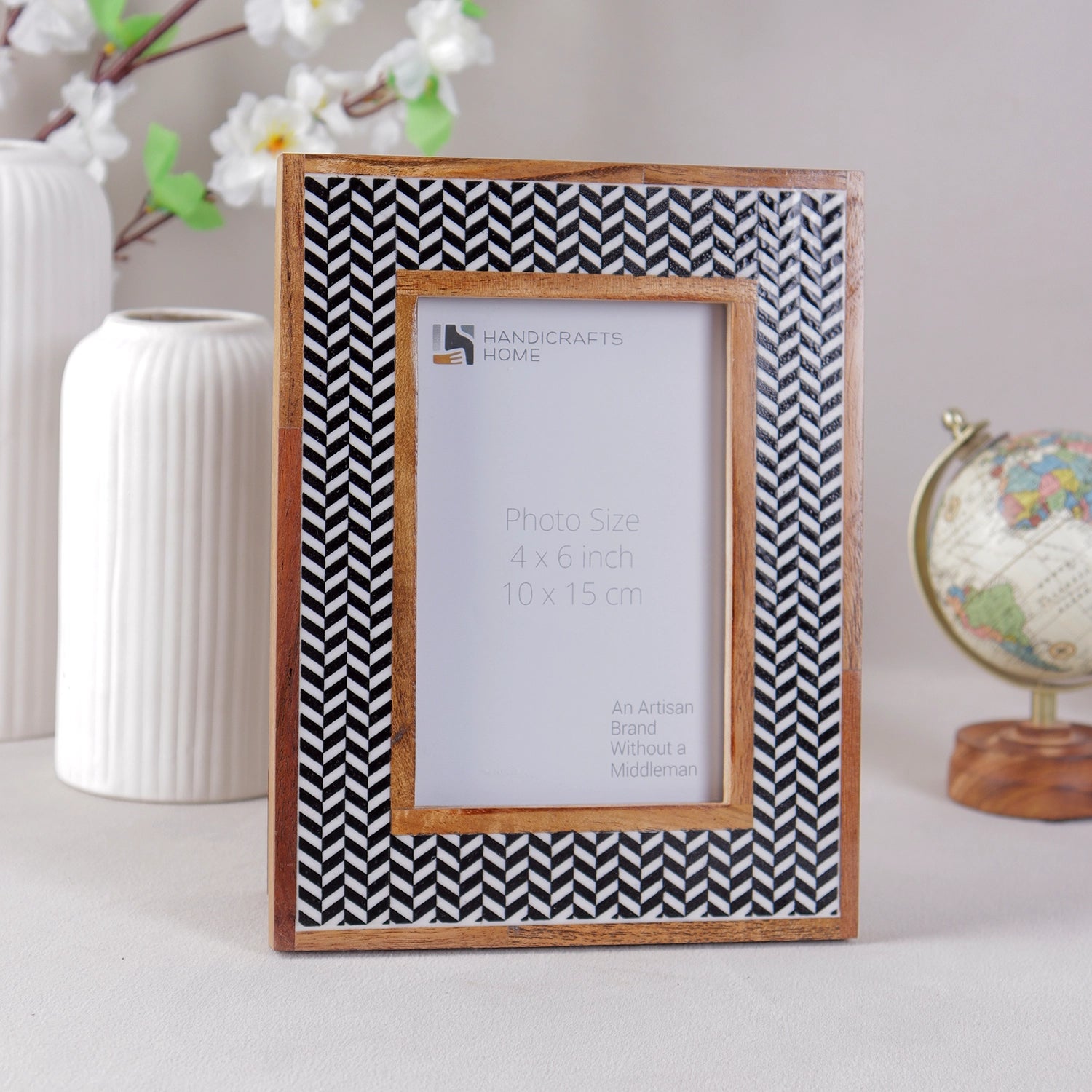 Picture Frame Chevron Herringbone Collection Resin Inlay & Wood Black & White – 4x6 & 5x7"