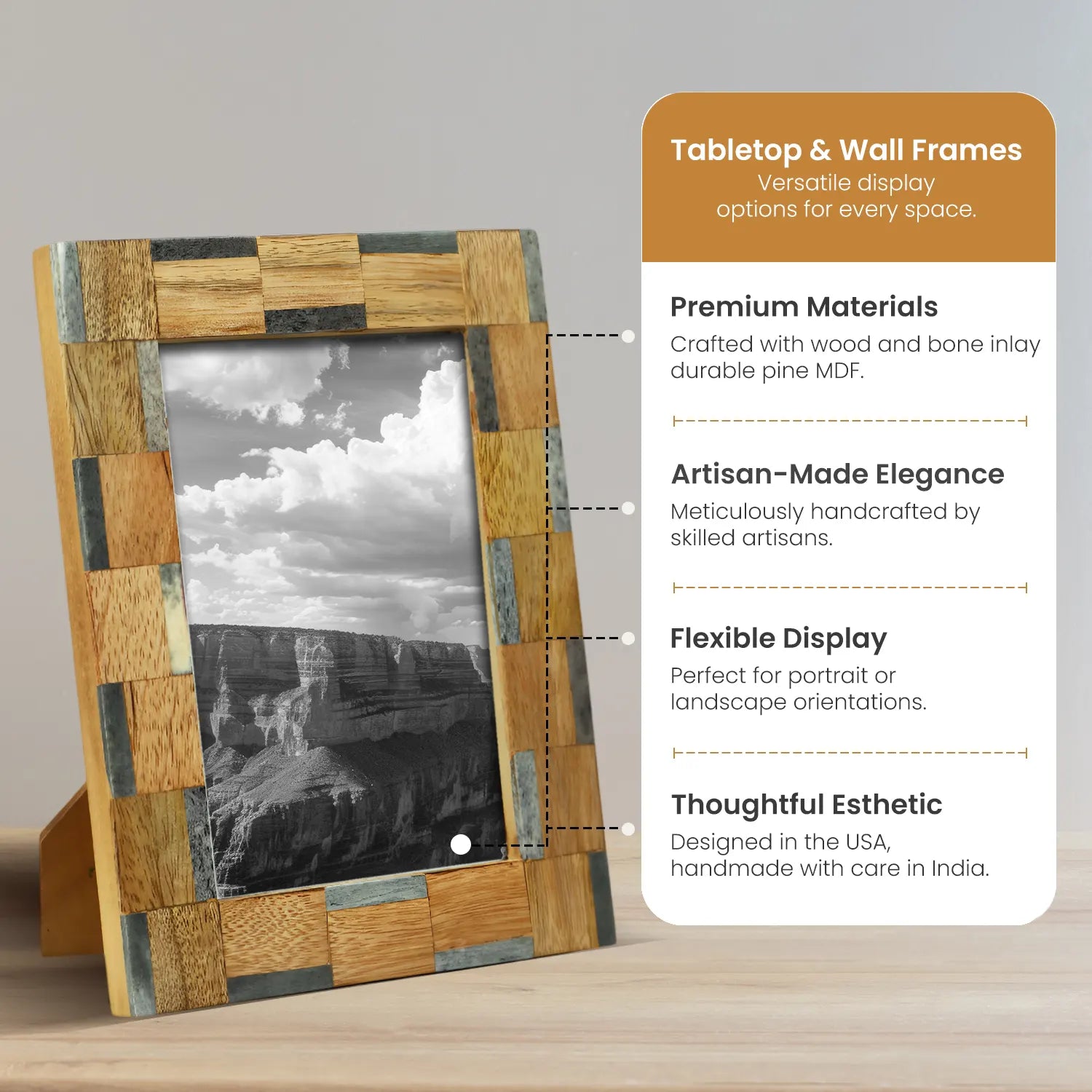 Picture Frame Stonewood Collection Bone Inlay ,Wood Grey & Brown – 4x6 & 5x7"