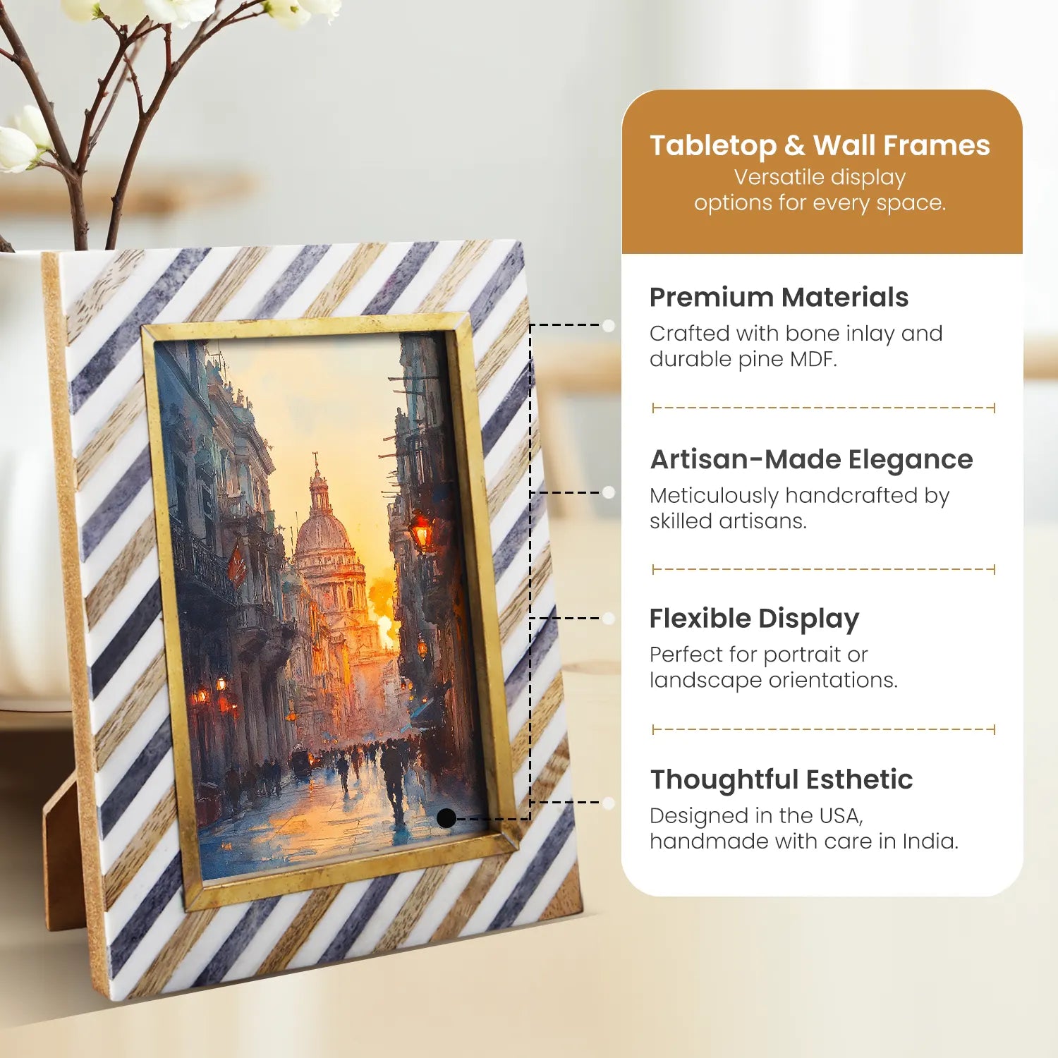 Bone Brass Inlay Picture Photo Frame 4x6 5x7 Tabletop Wall