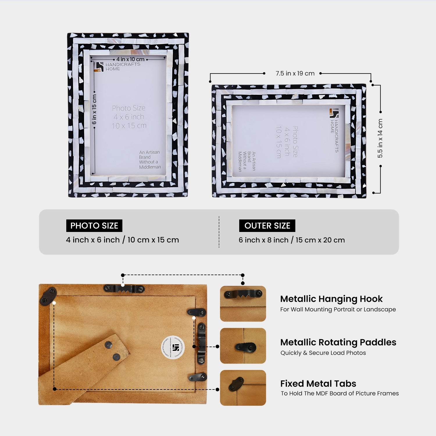 Picture Frame Mosaic Mother of Pearl Collection Resin Inlay Black & White – 4x6 & 5x7"