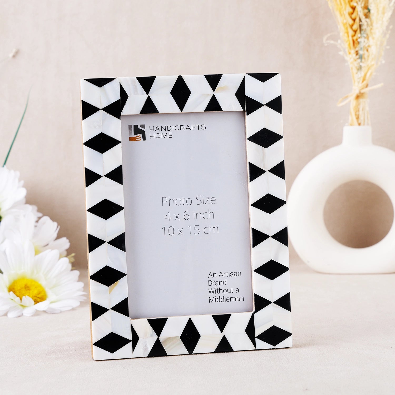 Picture Frame Diamond Mosaic Collection Mother of Pearl & Resin Inlay Black & White – 4x6 & 5x7"