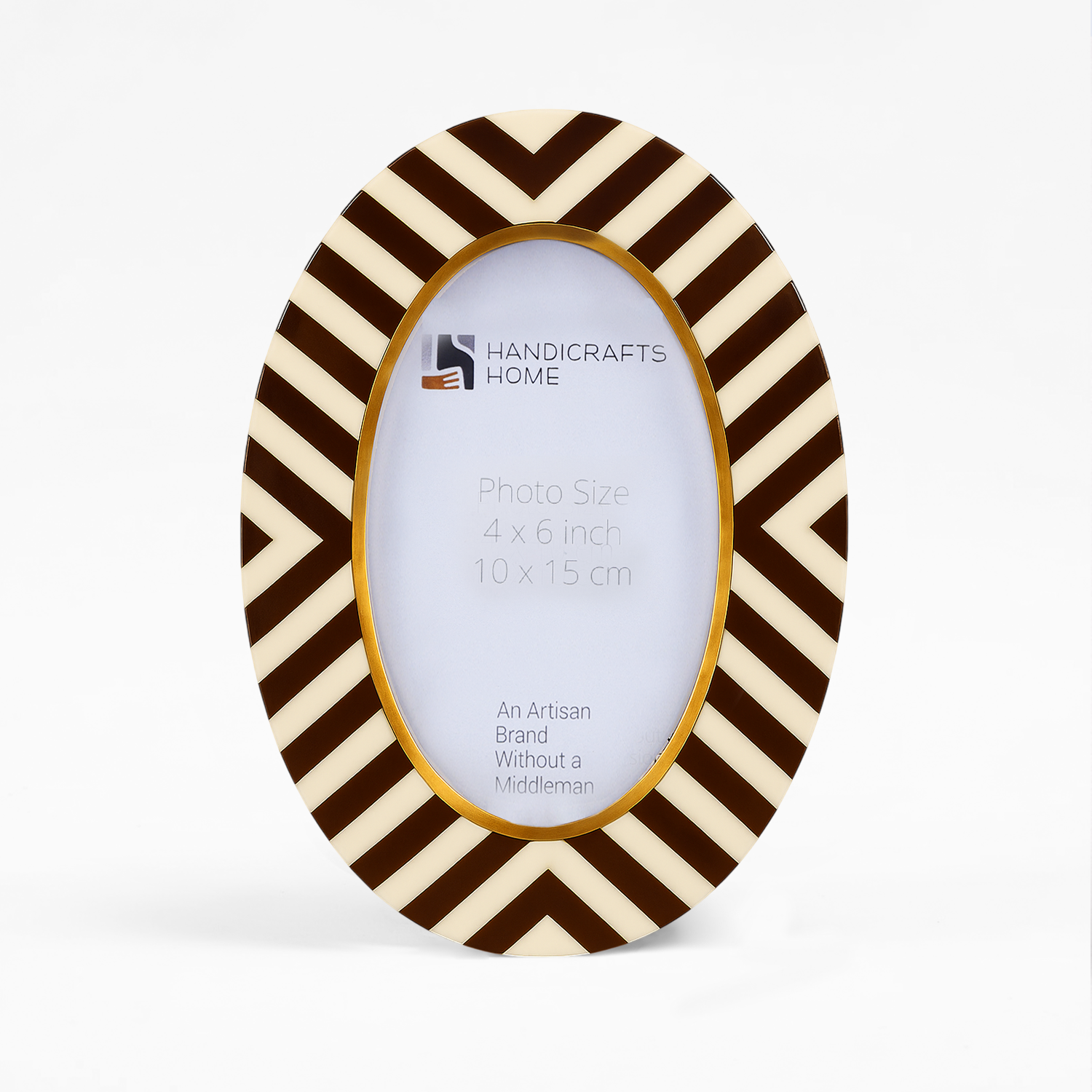 Beige Brown Chevron Bone Inlay Oval Shaped  Picture Frame 4" x 6"