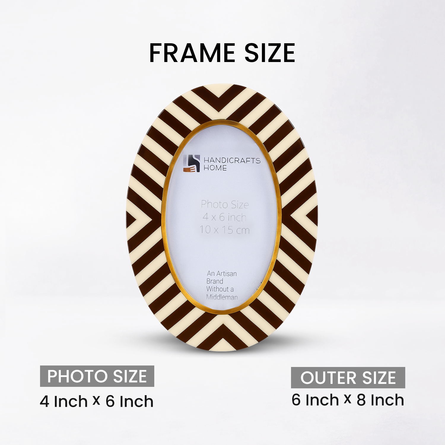 Beige Brown Chevron Bone Inlay Oval Shaped  Picture Frame 4" x 6"