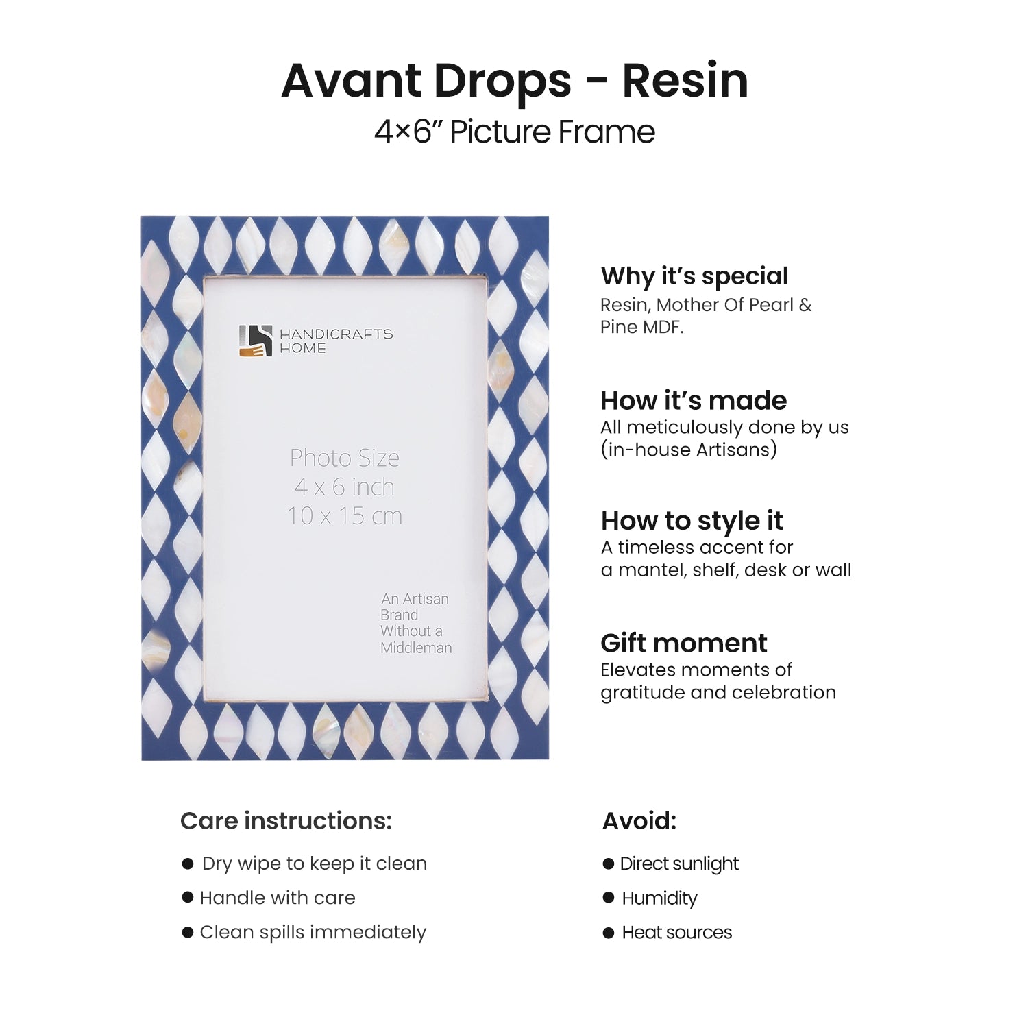 Picture Frame Avant Drops Collection Mother of Pearl & Resin Inlay Blue & White – 4x6, 5x7 & 8x10"