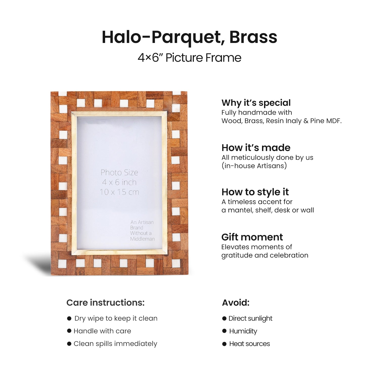 Picture Frame Halo Parquet Collection Brass, Resin & Wood Inlay Brown & White – 4x6 & 5x7"