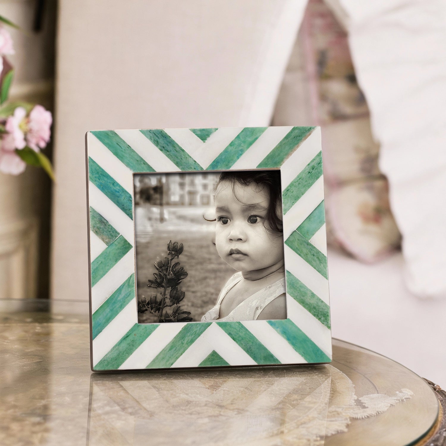 Baby Picture Frame Chevron Collection Bone Inlay Green 4" x 4"