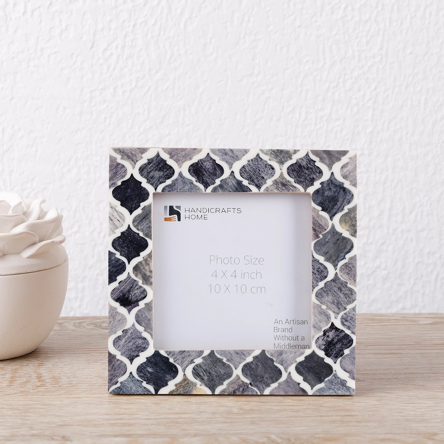 Baby Picture Frames Moroccan Pattern Collection Bone & Resin Inlay - Grey, 4" x 4"