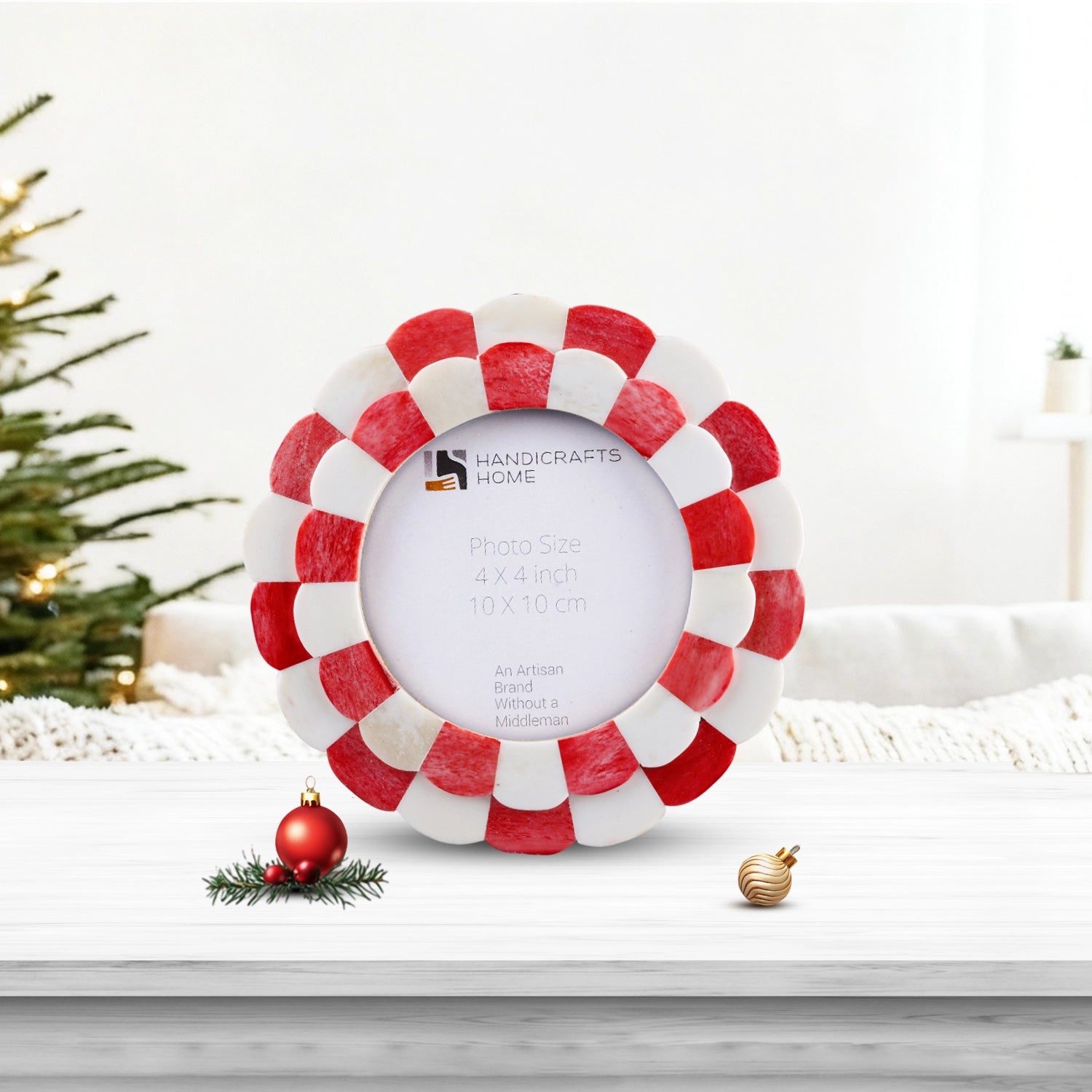 Baby Round Picture Frame Scalloped Collection Bone Inlay Red 4x4