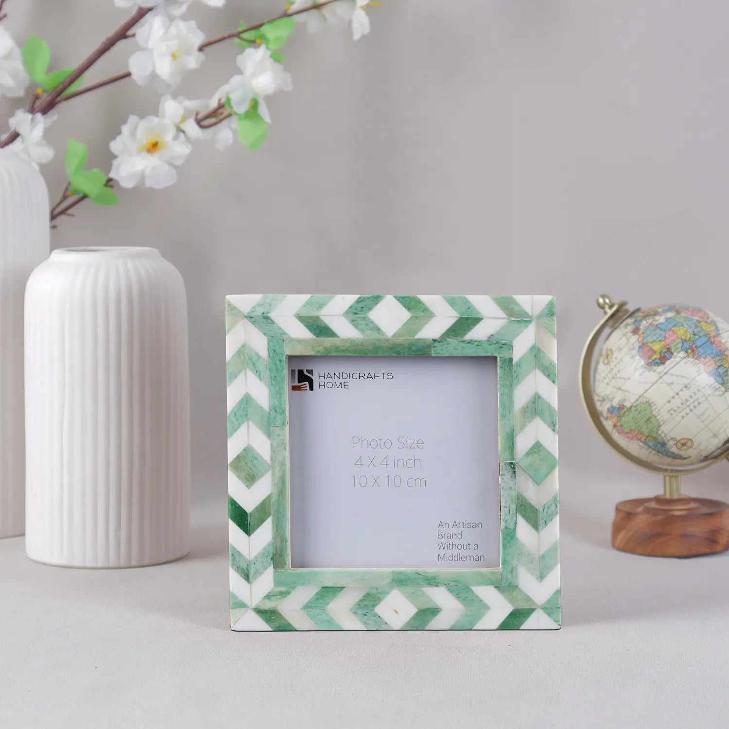 Baby Picture Frames Taj Pattern Collection Bone Inlay-Green, 4" x 4"