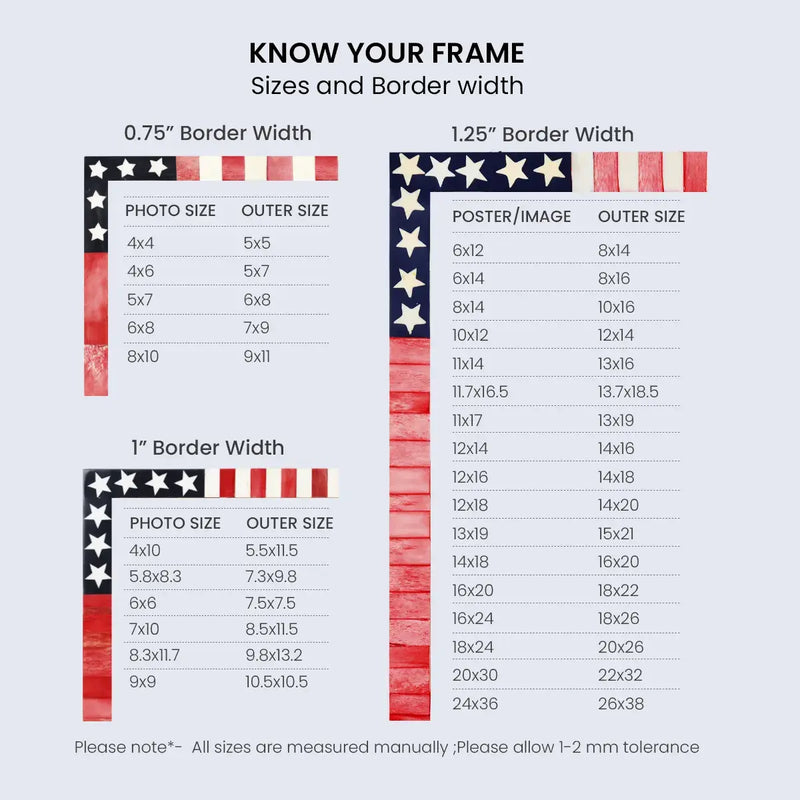 Size Chart for Poster Frame American Flag Collection Bone, Resin Inlay, Multi Color, 24 Sizes