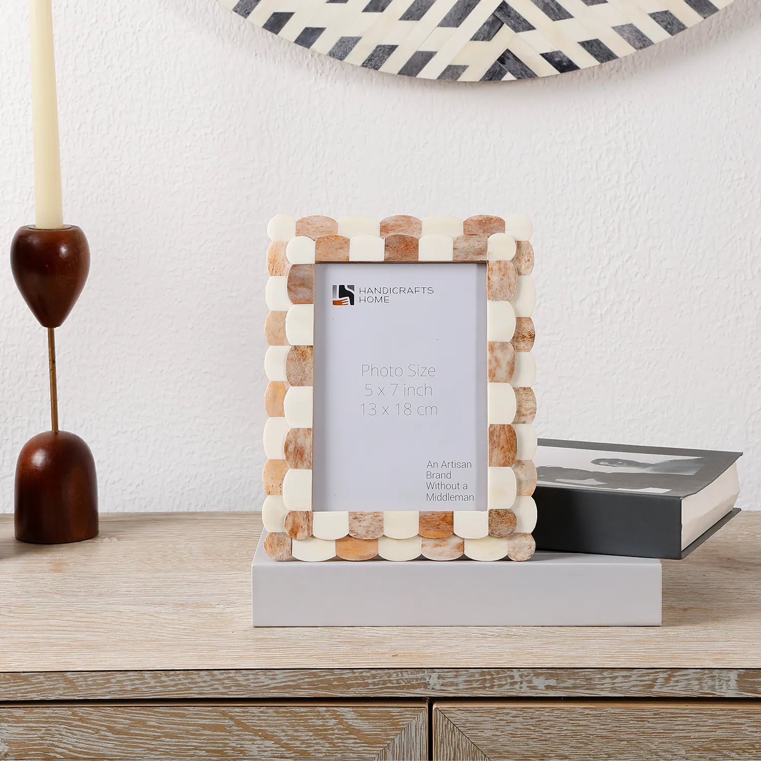 Picture Frame Scalloped Art Collection Bone Inlay Brown White 3 Sizes