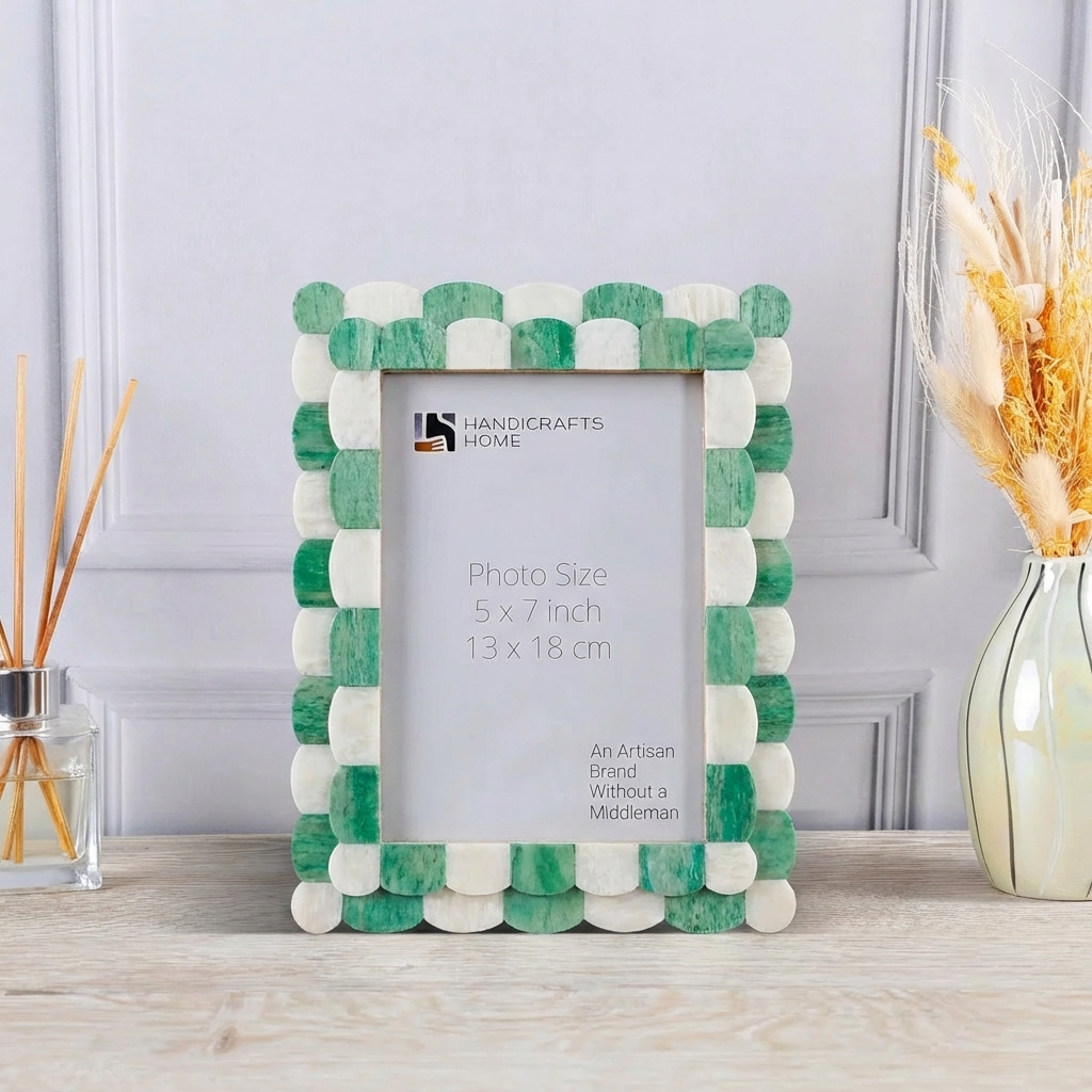 Pre Order Picture Frame Scalloped Pattern Bone Inlay Collection Green, 2 Sizes