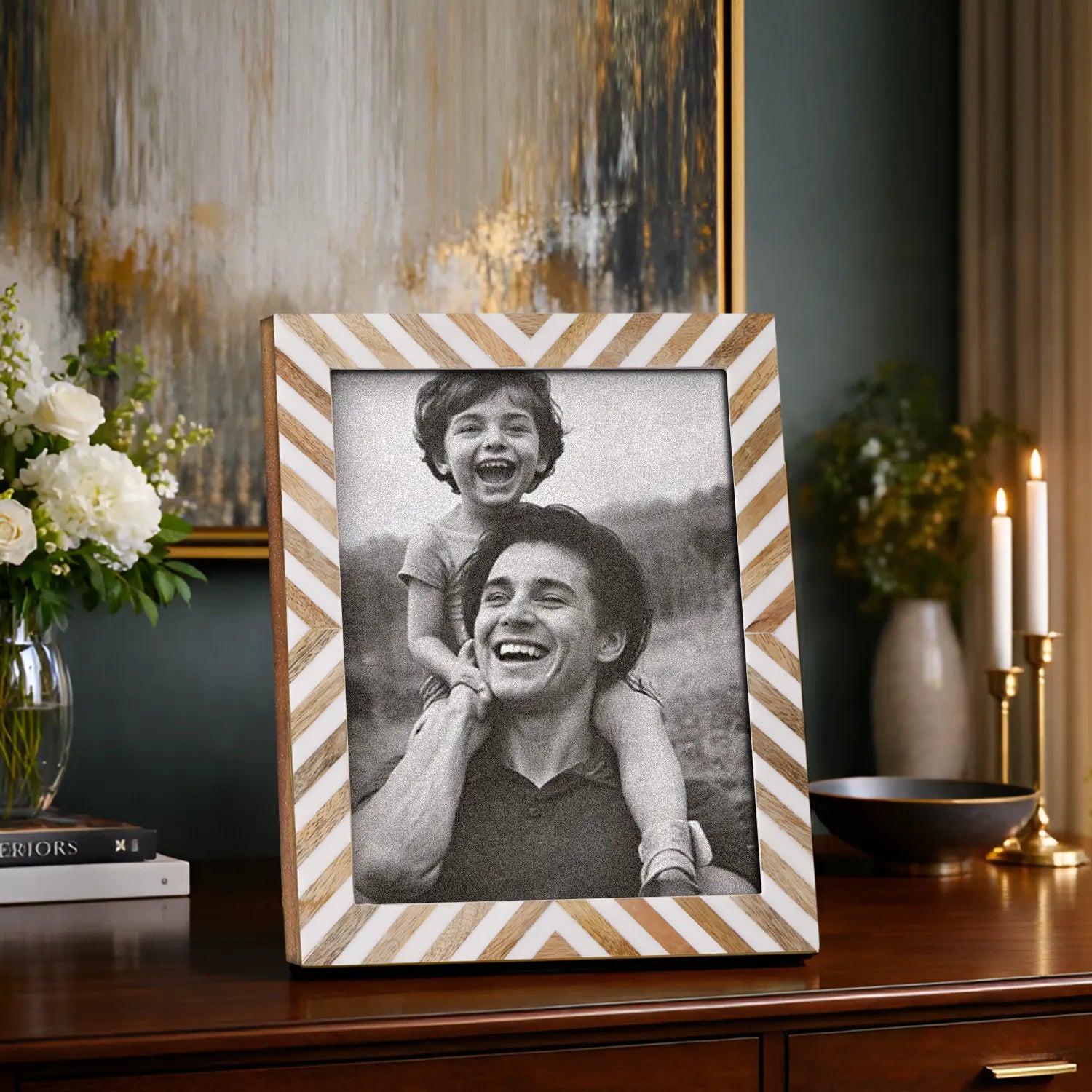 Picture Frame Hypno Calm Collection Bone Inlay Resin Brown White -4x6 5x7 8x10"