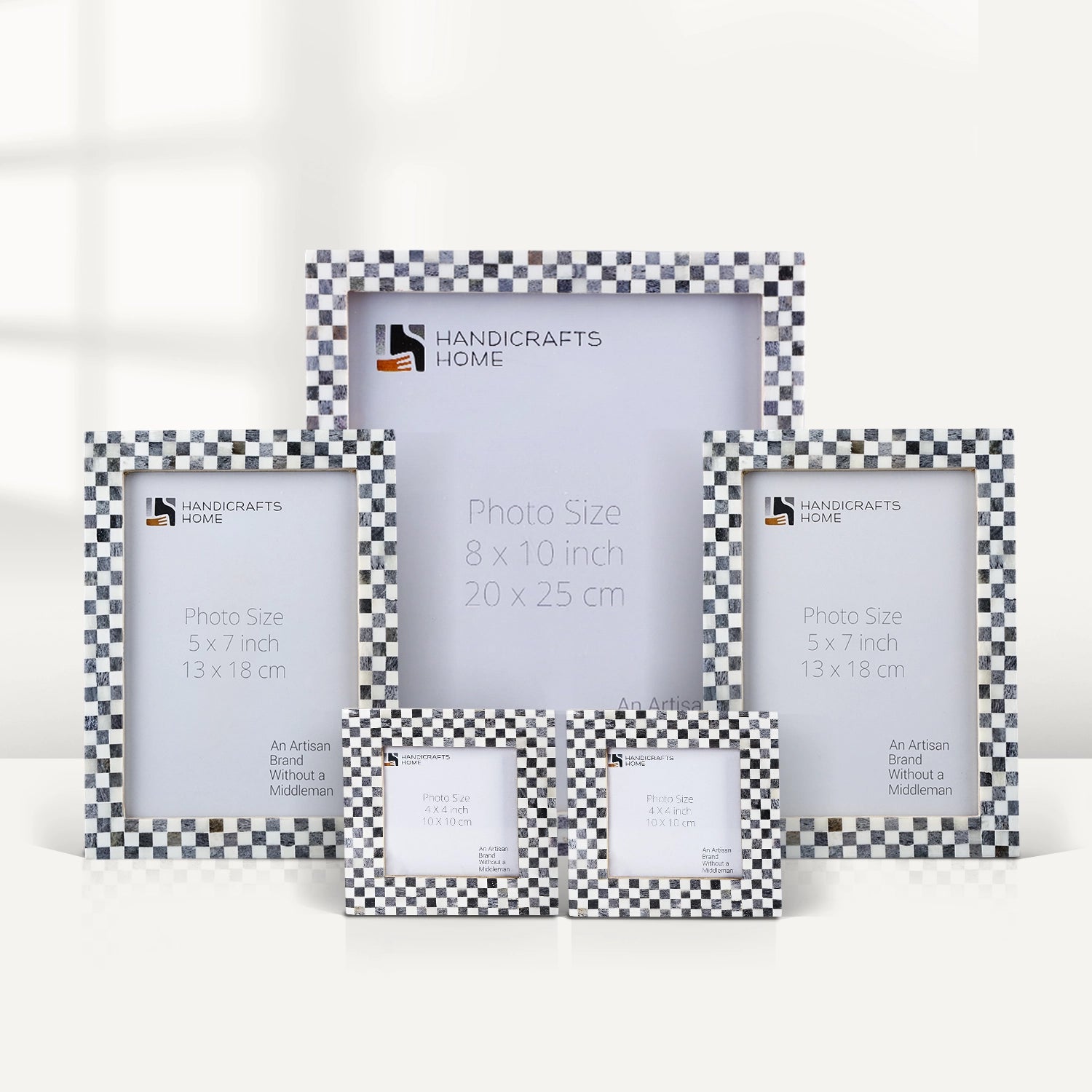 Grey White Checkered Bone Inlay Picture Frame Set of 5, 4x4 5x7 8x10