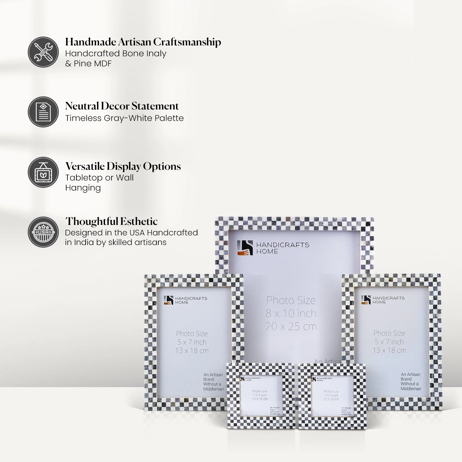 Grey White Checkered Bone Inlay Picture Frame Set of 5, 4x4 5x7 8x10