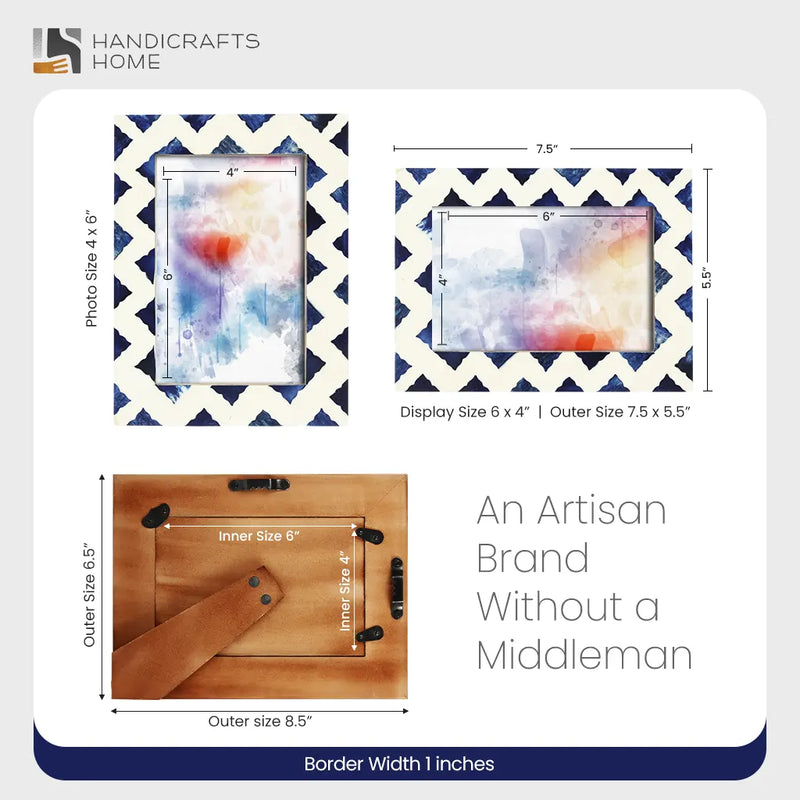 Size Chart for Picture Frame Indigo Pattern Collection Bone Resin Inlay White Blue 4x6