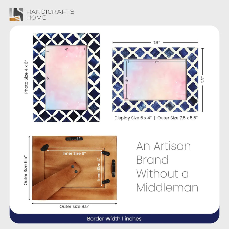 Size Chart for Picture Frame Indigo Pattern Collection Bone Resin Inlay Blue White 4x6