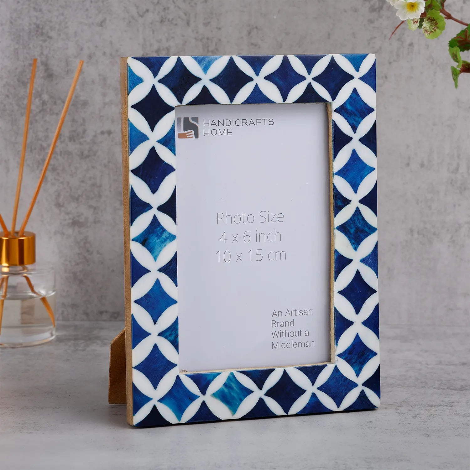 Picture Frame Indigo Pattern Collection Bone Resin Inlay Blue White 4x6