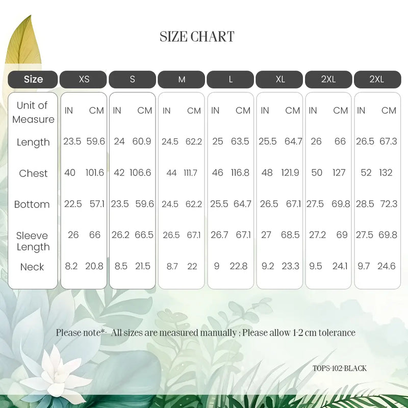 Size Chart for detailed embroidery black long sleeve top xs to 3xl
