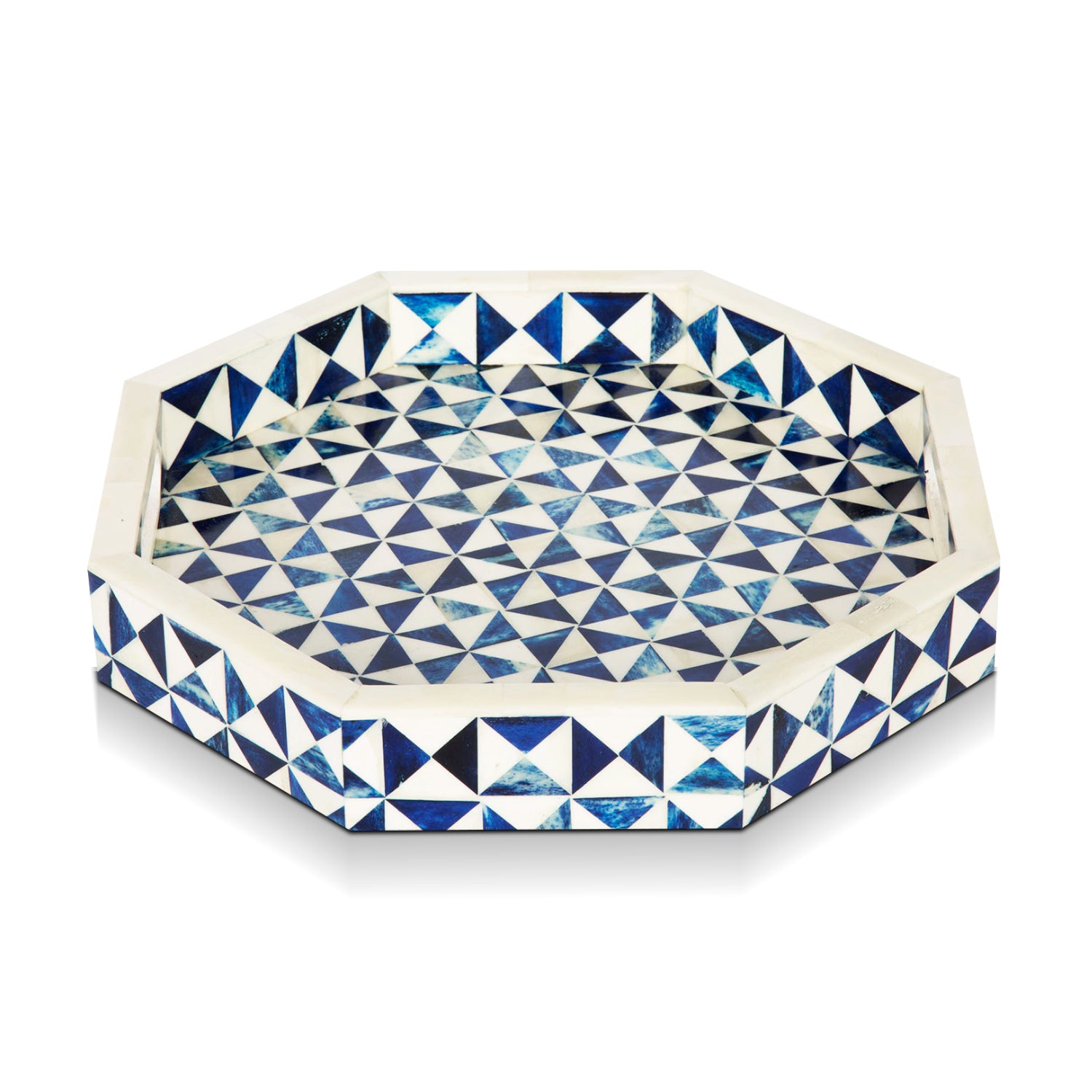 Ory Octagon Bone Inlay Decorative Ottoman Tray Blue White 12