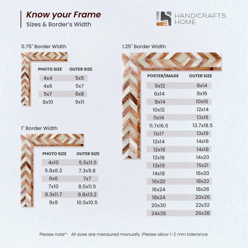 Size Chart for Poster Frame Taj Pattern, Bone Inlay, Brown, 22 Sizes
