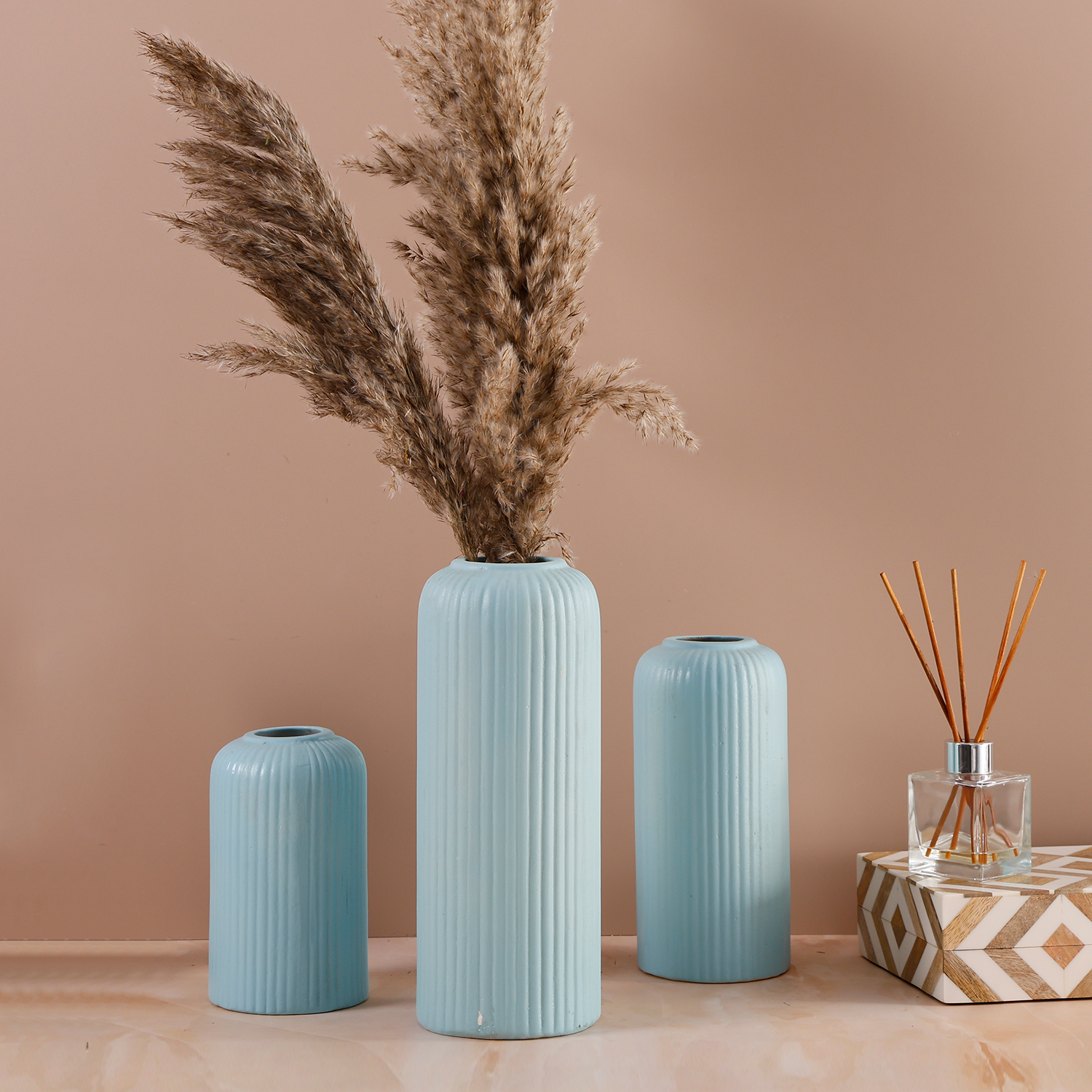 Ceramic Vase Turquoise Stripped Pattern Decorative Flower Vases Set Of 3