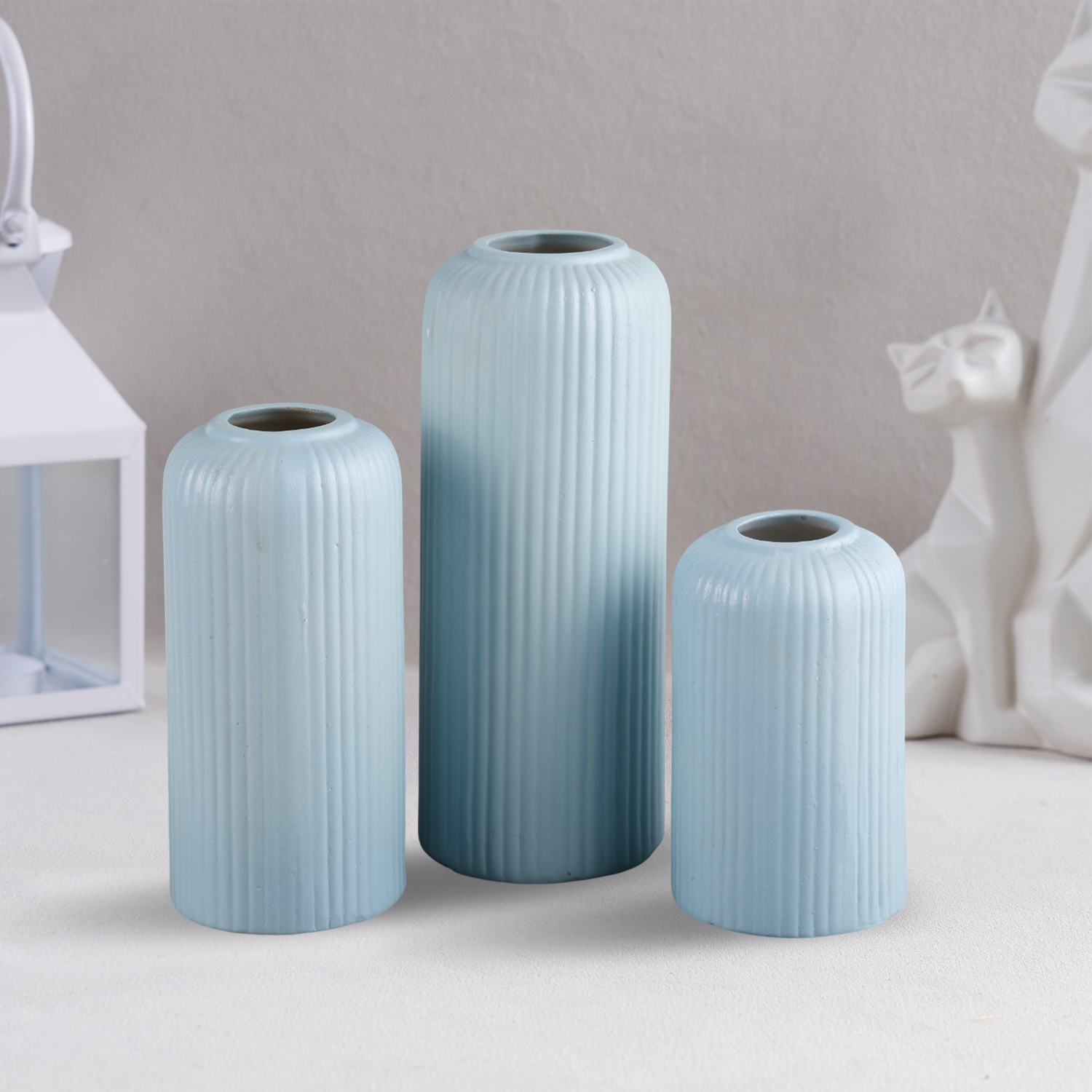 Ceramic Vase Turquoise Stripped Pattern Decorative Flower Vases Set Of 3