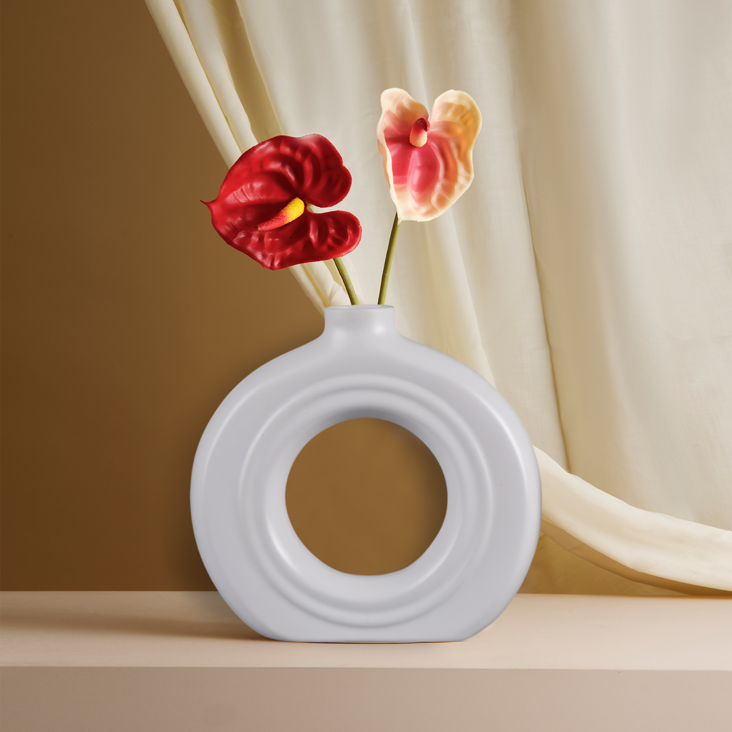 Ceramic Vase  Donut Glossy Handmade White Glossy Flower Vases Set Of 2