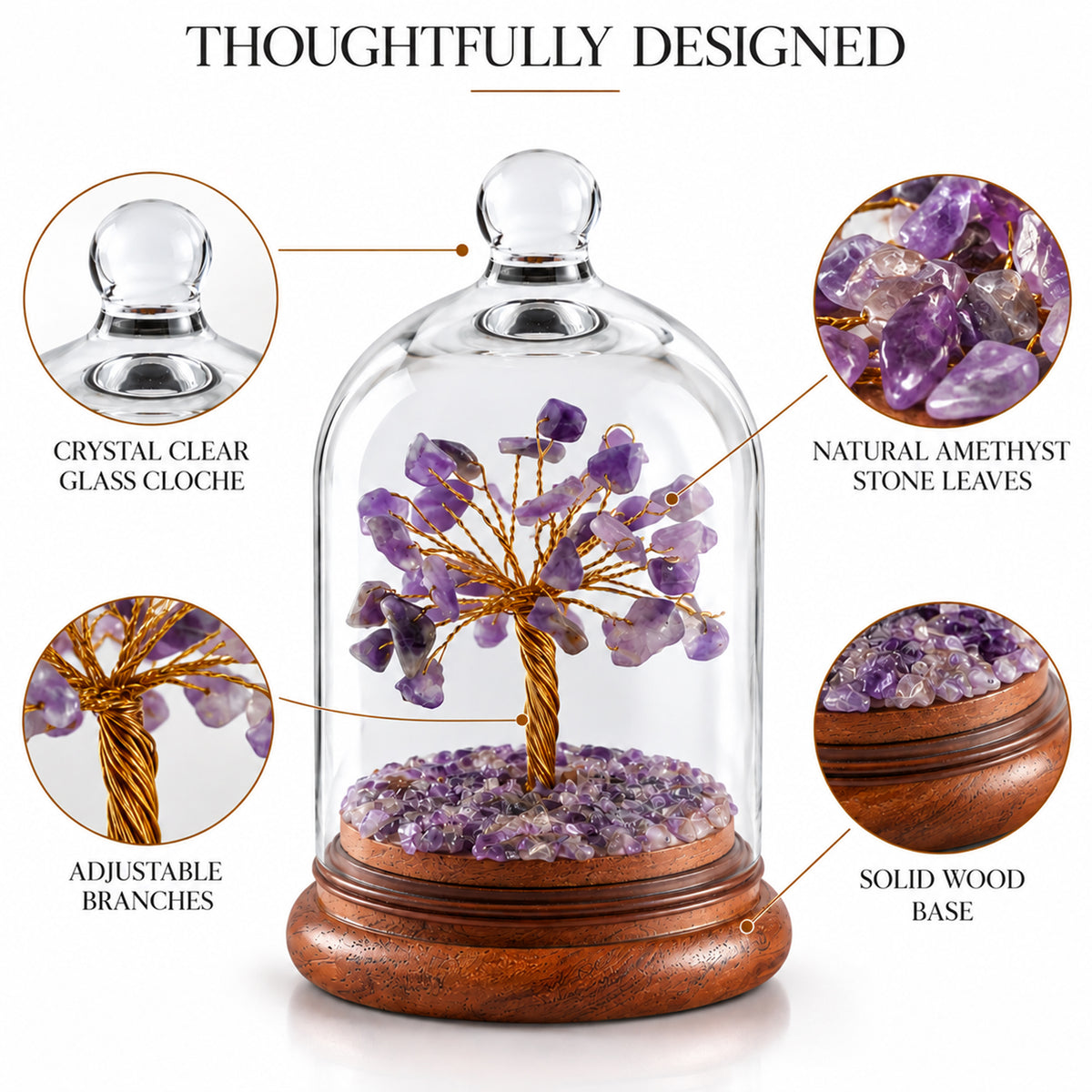 Amethyst Gemstone Tree with Glass Cloche | Handcrafted Décor