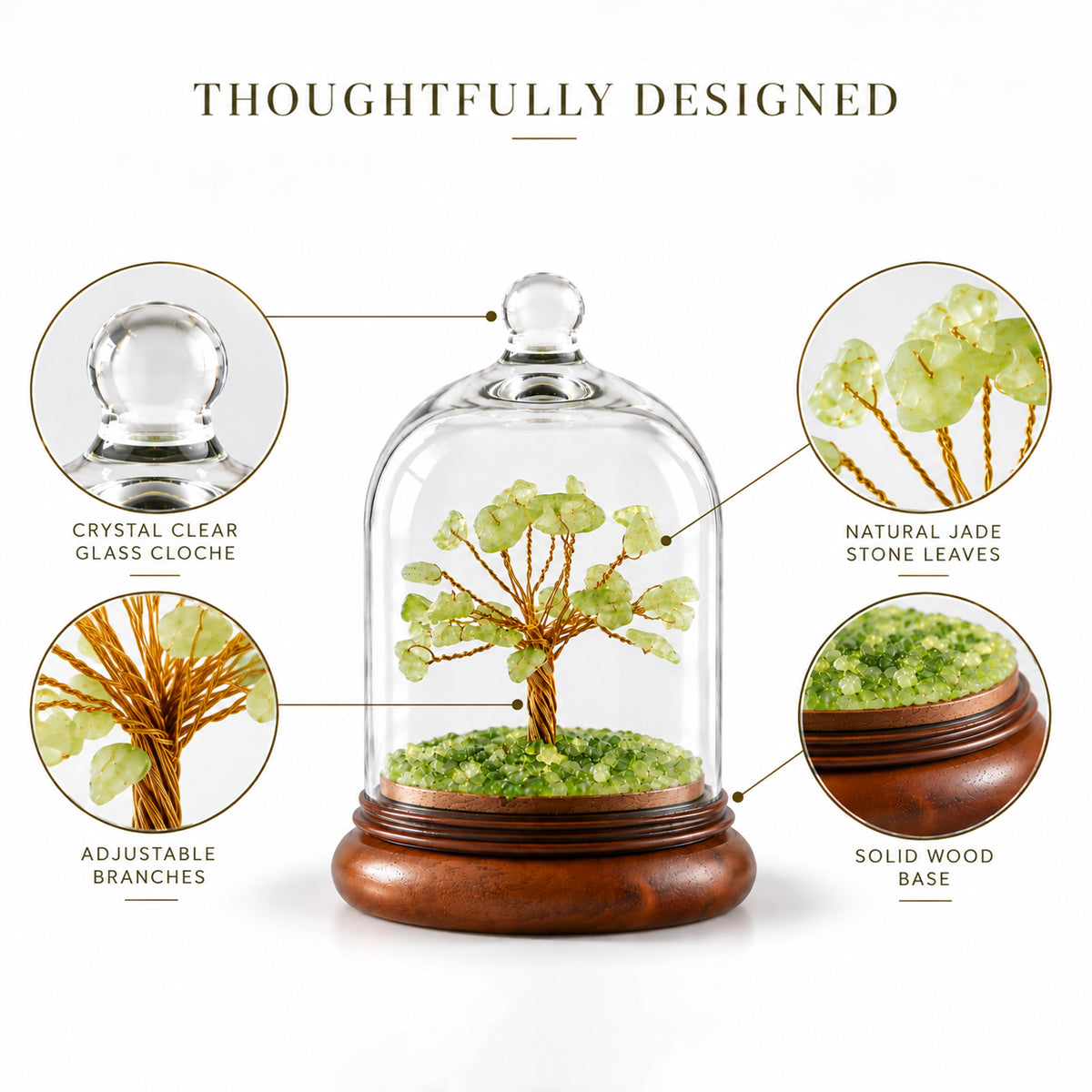 Green Jade Gemstone Tree Under Glass Cloche | Handmade Decor