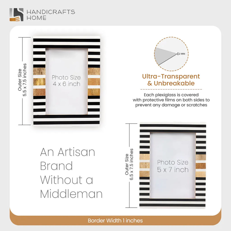 Size Chart for Picture Frame Stripewood Collection Wood & Resin Inlay Black & White – 4x6 & 5x7