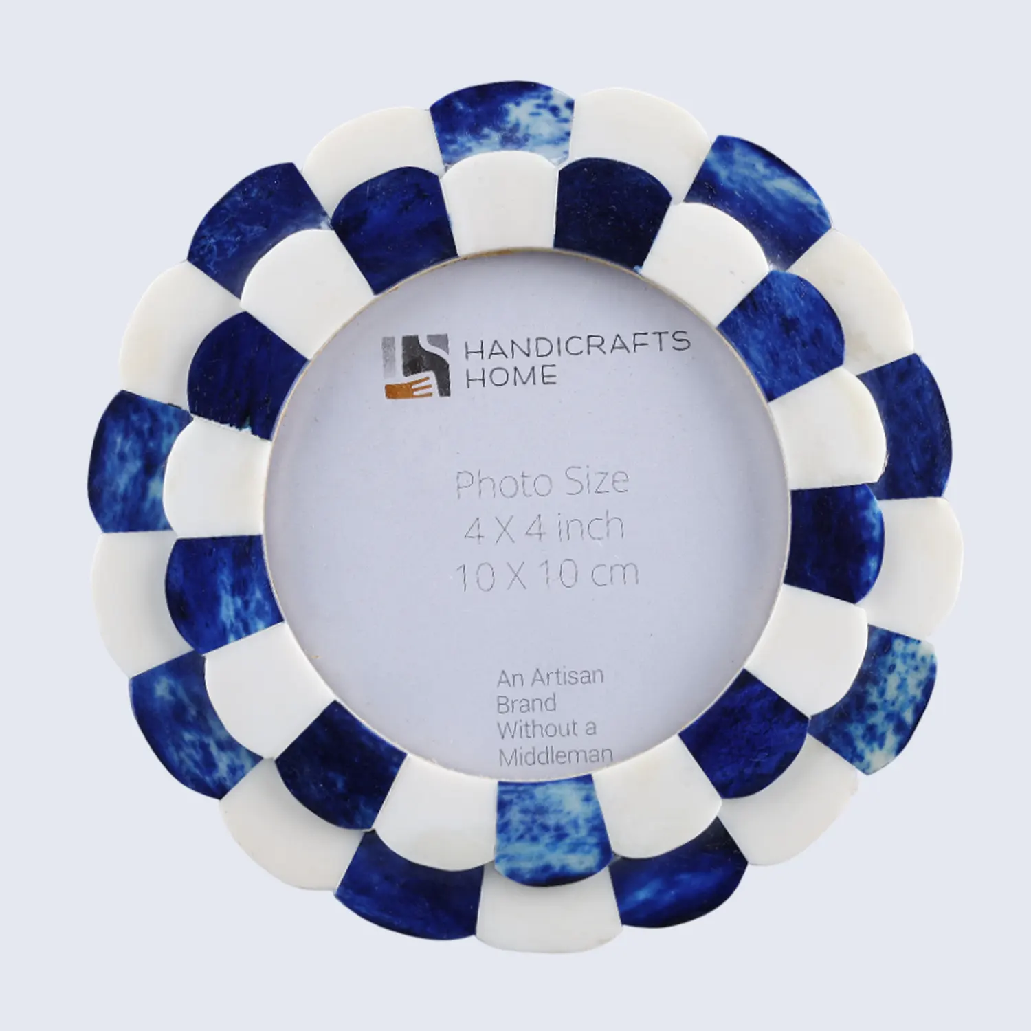 Baby Round Picture Frame Scalloped Collection Bone Inlay Blue 4x4"