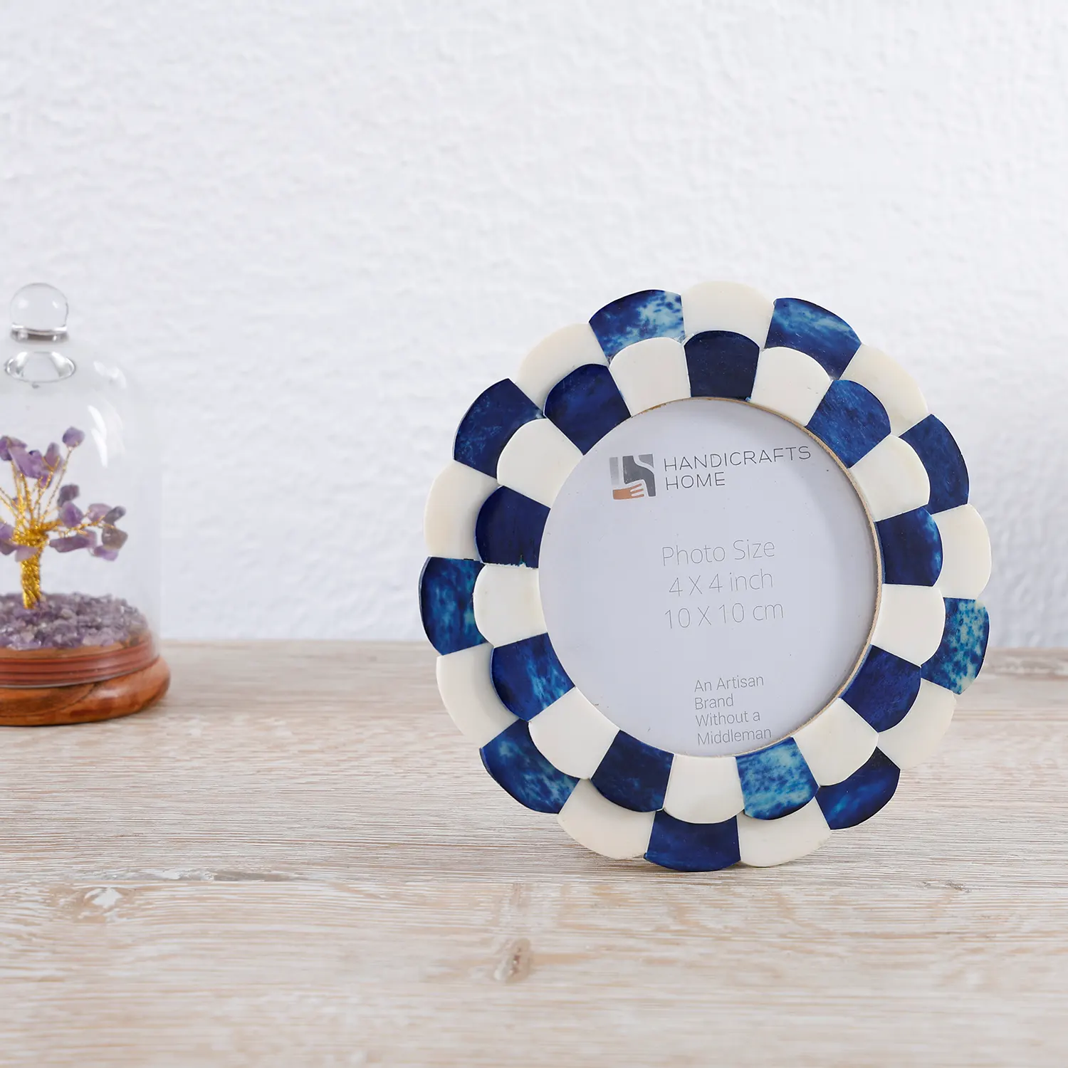 Baby Round Picture Frame Scalloped Collection Bone Inlay Blue 4x4"